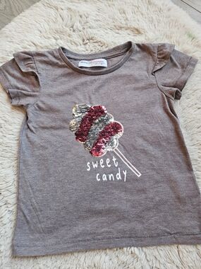 🩷T-shirt Minoti Gris "Sweet Candy" - Sucette en Paillettes - Fille